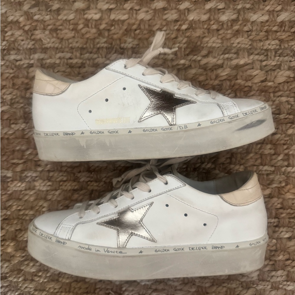 Golden Goose White and Silver Distressed Sneakers